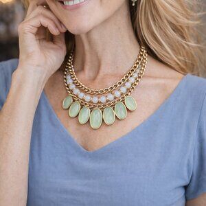 Mint Green & Soft Blue Multi-Strand Statement Necklace – Gold Tone